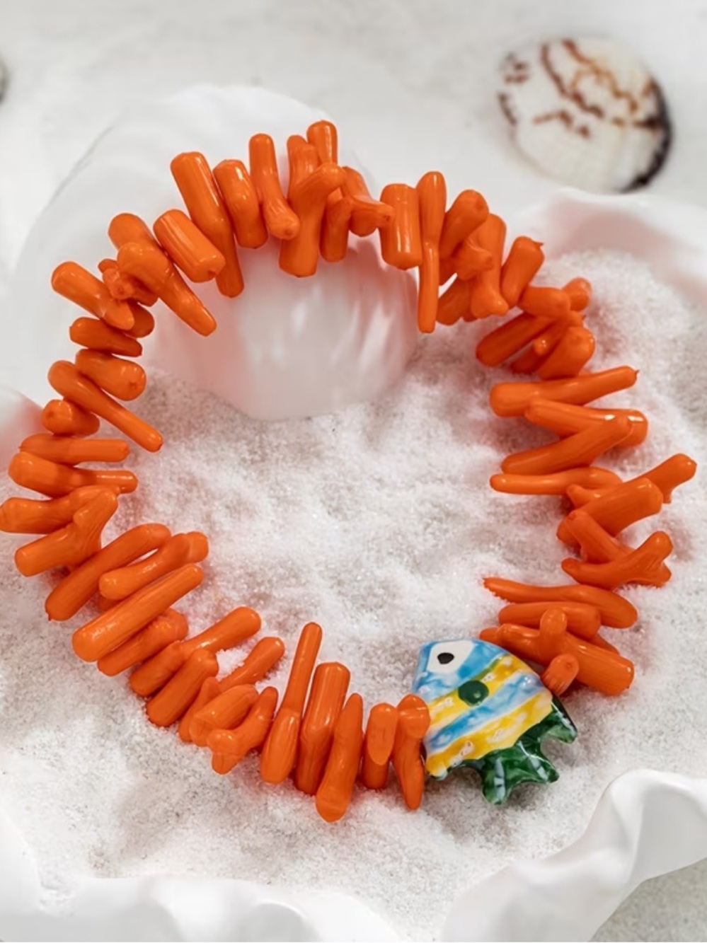 Orange Coral Bead Bracelet /Anklet with Fish Charm